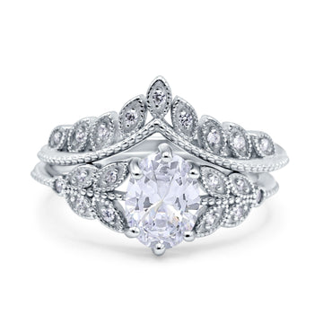 Two Piece Vintage Style Wedding Bridal Set Ring Band Oval Simulated Cubic Zirconia 925 Sterling Silver